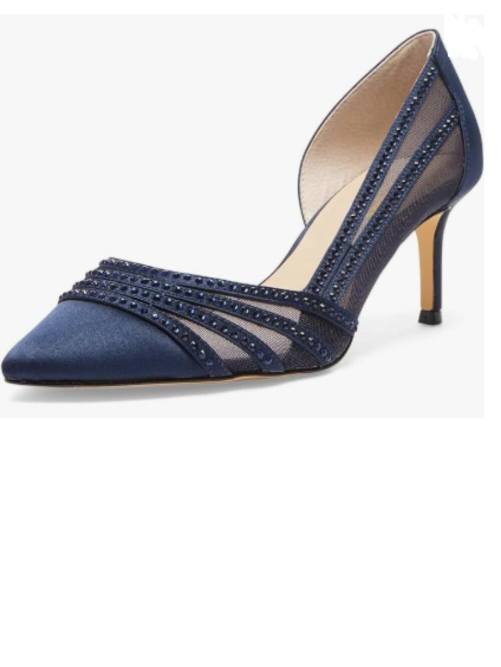 XYD Navy Low Heel D'Orsay Pumps Mesh Rhinestones Studs Pointed Toe Slip-on Shoes